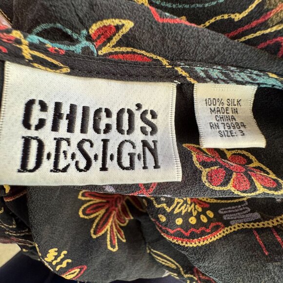Chicos Silk Artsy Top Womens Size L Novelty Abstract Boho Ruffled Art Button Vtg - Picture 5 of 6